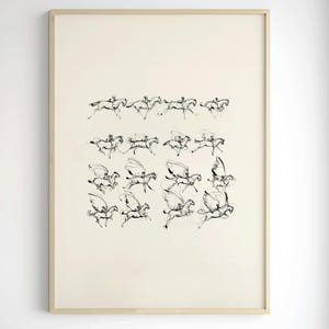 May include: A black and white line drawing of a horse and rider in various stages of motion. The horse is depicted with and without wings, creating a dynamic and artistic representation of movement.