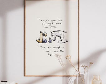 May include: A framed print with a black and white illustration of two characters. The text reads "What's your best discovery?" asked the mole. "That I'm enough as I am," said the boy.