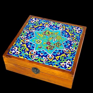 Handcrafted wooden box with hand-painted-color tile fired–perfect for jewelry,tea bags, keepsakes,and artistic gifts Fired Tile Keepsake Box