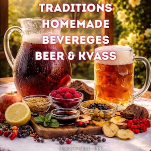 May include: A still life image featuring a glass pitcher and a mug filled with beer, alongside various food items. The text "UKRAINIAN TRADITIONS HOMEMADE BEVERAGES BEER & KVASS" is displayed. Other items include raspberries, bread, and apples.