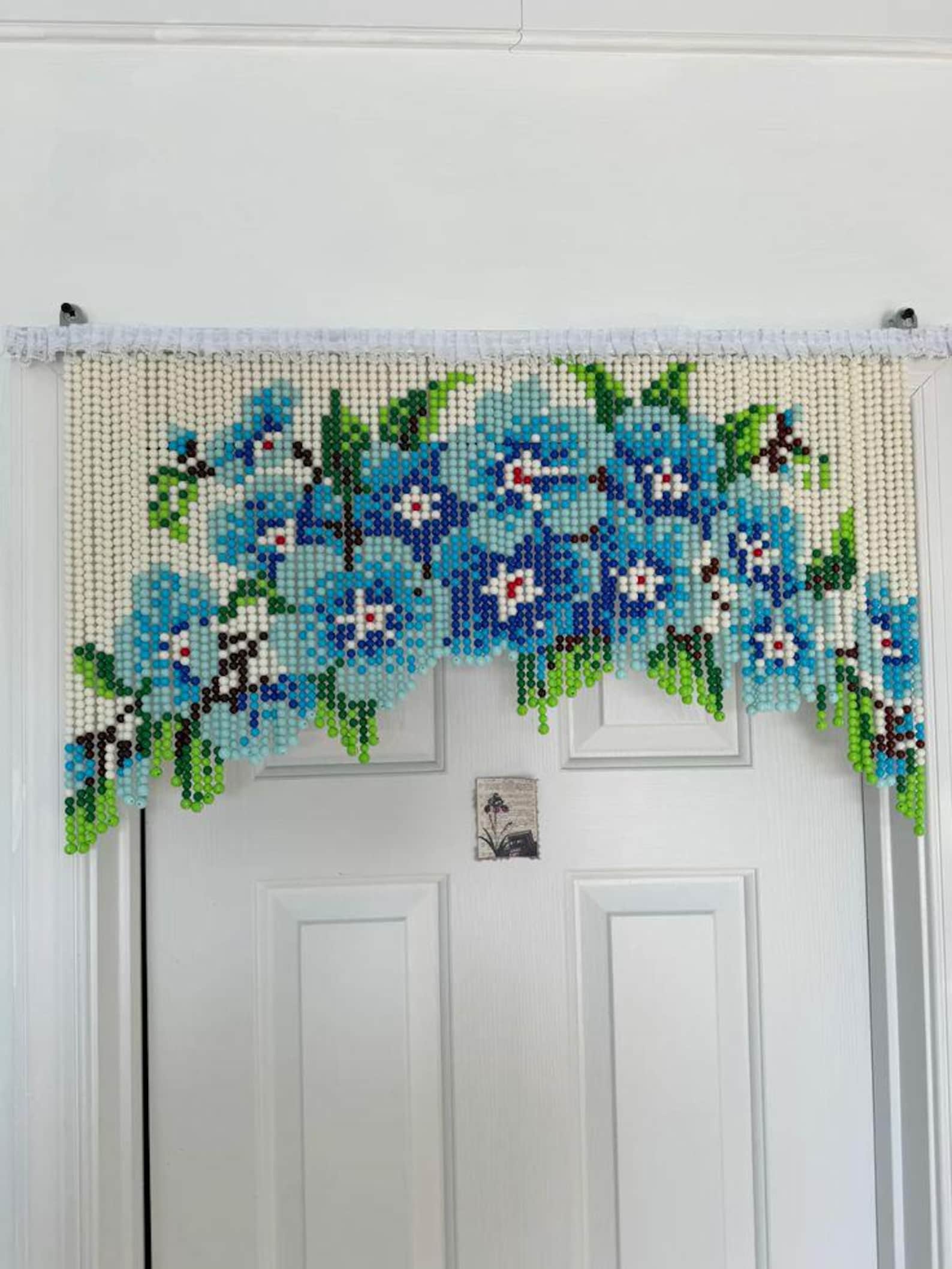 Flower Beaded Curtain <3 | Hanging Door Wall decor | Inspired by vintage bead curtain designs - No Lace Trim, Blue Flowers ~