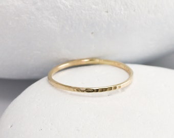 Skinny 14K Gold Ring in Yellow or Rose Gold, Hammered Stacking Ring, Midi Ring