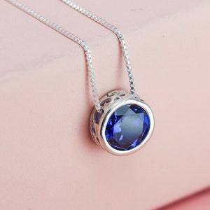 Slider Necklace with Lab Grown Genuine Ruby, Pink or Blue Sapphire, Minimalist Gemstone Necklace, Silver 8mm Solitaire Sapphire Necklace