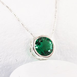 Emerald Solitaire Necklace with Lab Grown Genuine Emerald in Sterling Silver, 8mm Gemstone Necklace with Filigree Pendant