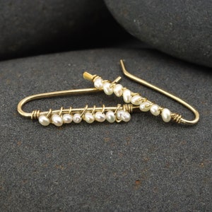 Pearl Ear Climbers in Gold Fill, Rose Gold Fill, or Sterling Silver, Tiny Pearl Drop Stick Earrings, 1&quot; Small Pearl Climbers or Drops
