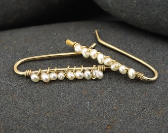 Pearl Ear Climbers in Gold Fill, Rose Gold Fill, or Sterling Silver, Tiny Pearl Drop Stick Earrings