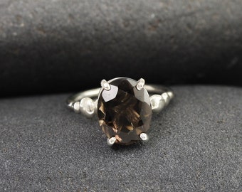 Silver Pebble Ring with Large Smoky Quartz, Custom Sized Bespoke Ring