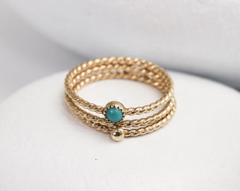 Twisted Turquoise Ring in Solid Gold, 14K Hammered Stacking Ring or Knuckle Ring