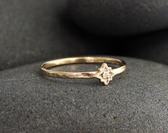 Diamond Star Ring in Solid 14K Gold, 14K Hammered Stacking North Star Ring with Genuine Diamond