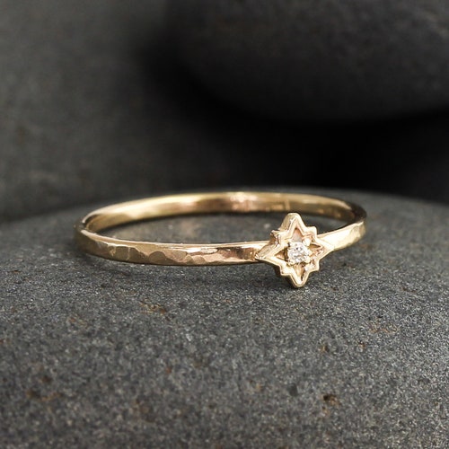Diamond Star Ring in Solid 14K Gold 14K Hammered Stacking - Etsy