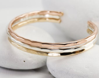 Set Of 3 Hammered Cuff Bracelets In 14K Rose Gold, 14k Yellow Gold Fill And Sterling Silver, Boho Stacking Bracelets, Women Cuff Bangles