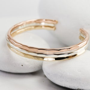 Set Of 3 Hammered Cuff Bracelets In 14K Rose Gold, 14k Yellow Gold Fill And Sterling Silver, Boho Stacking Bracelets, Women Cuff Bangles