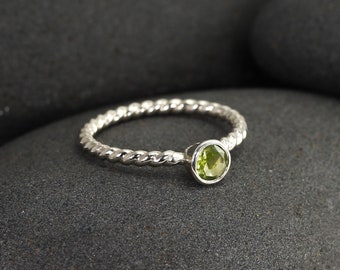Peridot Silver Ring, Peridot Gemstone Ring in Sterling Silver, Stacking Ring with Textured Band