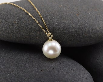 Pearl Necklace in Solid 14K Gold with Large Genuine Freshwater Pearls, Minimalist Pearl Necklace, Pendant Necklace, Graduation Gift