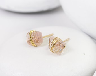 Rose Quartz Crystal Studs, Pink and Gold Crystal Earrings Wrapped in 14K Gold Fill