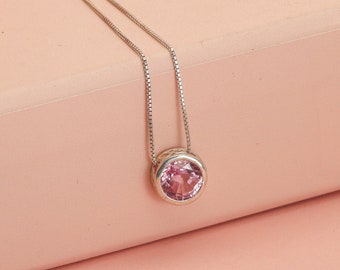 Pink Sapphire Necklace with Lab Grown Genuine Pink Sapphire, Minimalist Slider Gemstone Necklace, Silver Solitaire 8mm Sapphire Necklace