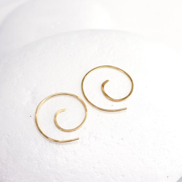 Small Hammered Spiral Earrings, Swirls in Sterling Silver, Solid 14K or Gold Fill, 1" Small Hoops
