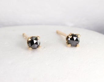 Små svarta diamantörhängen med stift i 14K eller sterlingsilver, 2,5-3 mm svarta diamantörhängen, briljantslipade eller rosenslipade diamanter