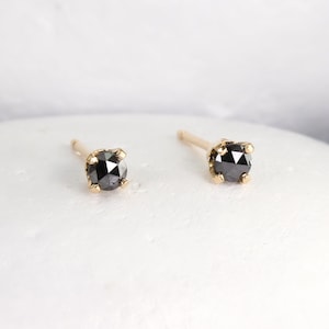 Tiny Black Diamond Earrings with 14K or Sterling Silver Posts, Second Hole Rose Cut Black Diamond Stud Earrings