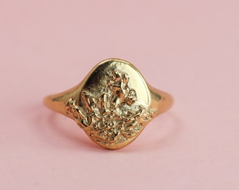 Gold Signet Ring with Carved Rose Flowers, Oval Signet Ring with Raised Flowers, also in Silver