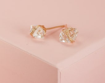 Herkimer Diamond Earrings, 14K Solid Yellow Gold Earrings, Women Stud Earrings, Luxury Party Earrings, Gemstone Earrings, 14k Solid Gold