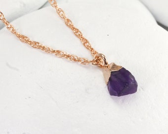 Raw Amethyst Necklace in Rose Gold, Tiny Amethyst Crystal Necklace with Rose Gold Fill Rope Chain