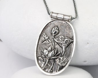 Sterling Silver Lotus Pendant, Hand-Carved Scene of Lotus Leaves, Blossoms, and Dragonfly