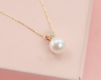14K Pearl Necklace with Large Genuine Freshwater Pearl and Solid 14K Gold Diamond Setting, Minimalist Pearl Necklace, Graduation Gift