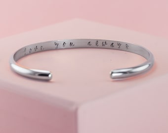 Custom Engraved Silver Cuff Bracelet, Personalized Stamped Bangle, Graduation Gift, Stacking Bracelet, Mothers Day Gift,Brushed/Matte Finish