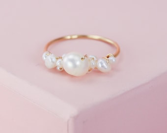 Bubbly Pearl Ring, Tiny Gold, Rose Gold, and Silver Stacking Rings with Pearl Clusters in White and Black Peacock Pearls