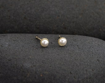 Mini Pearl Stud Earrings in Gold or Silver, Second Hole Earrings with Tiny White Pearls in Gold Fill or Sterling