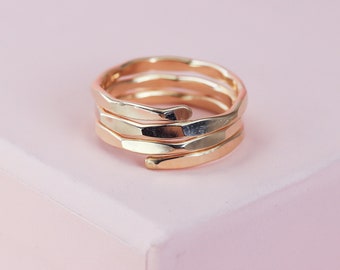 Gold Wrap Ring, Hammered Stacking Ring, Yellow or Rose Gold Fill, Regular or Mid-Finger Wear