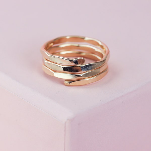 Gold Wrap Ring, Hammered Stacking Ring, Yellow or Rose Gold Fill, Regular or Mid-Finger Wear