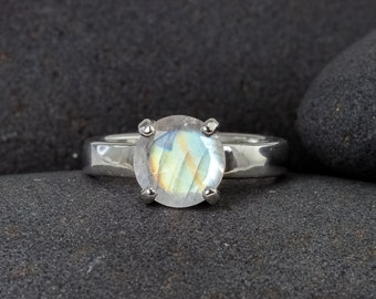 Moonstone Gemstone Ring in Sterling Silver, Custom Size with Art Deco Setting and Simple Band