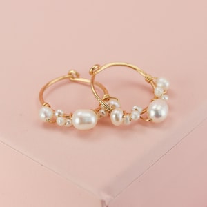 Bubbly Pearl Hoops, Gold, Rose Gold, and Silver Hoops with Freshwater Pearl Clusters in White and Black Peacock Pearls, Tiny 3/4" Hoops