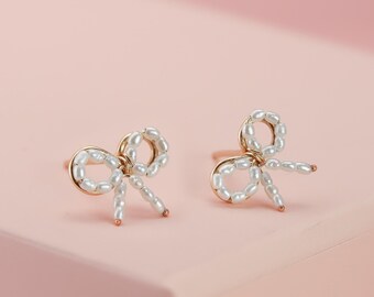 Tiny Pearl Bow Studs, Feminine Pearl Earrings, Cute Bow Stud Earrings in 14K Gold Filled, Sterling Silver, Solid 14K Christmas Gifts for Her