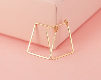 Solid Gold Rectangle Hoops, Hammered Square Gold Earrings, 14K Yellow Hoop Earrings, Statement Earrings, Geometric Jewelry,Handmade Earrings