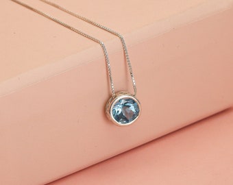 Blue Topaz Necklace with Genuine Blue Topaz, Minimalist Gemstone Necklace, 8mm Silver Solitaire Topaz Necklace, Slider Filigree Pendant