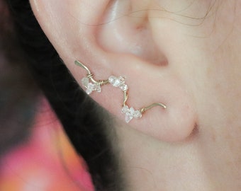 Wavy Herkimer Diamond Ear Climbers in Gold Fill, Rose Gold Fill, or Sterling Silver, Herkimer Diamond Drop Sidewinder Earrings