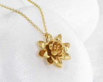 Sweet Golden Lotus Necklace, Boho Layering Necklace in 14K Gold Filled with Lotus Flower Pendant, Layered Necklace Gift for Her