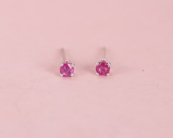 Tiny Ruby Stud Earrings with Sterling Silver Posts, Second Hole Ruby Stud Earrings, 3mm Ruby Studs