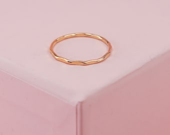 Tiny Hammered Gold Band, Faceted Stacking Ring in 14K Yellow or Rose Gold Fill for Regular or Mid-Finger Wear