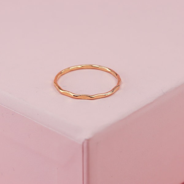 Tiny Hammered Gold Band, Faceted Stacking Ring in 14K Yellow or Rose Gold Fill for Regular or Mid-Finger Wear