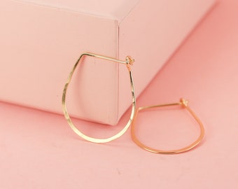 14K Solid Gold Hoop Earrings, Hammered Teardrop Hoop Earrings in solid 14K yellow gold, rose gold, and white gold, Geometric Jewelry