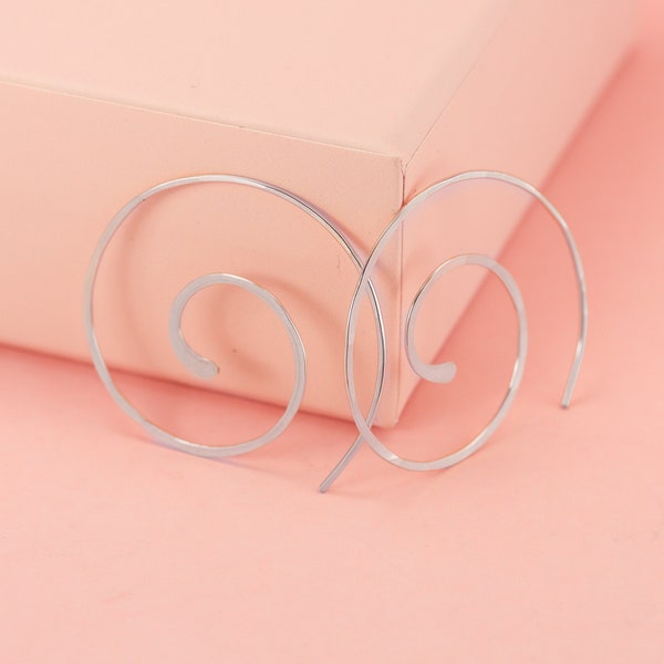 Large White Gold Swirl Earrings, Sterling Silver or 14K White Gold Nautilus Earrings, 1.5" Open Hoops