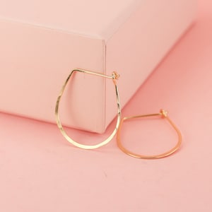 14K Solid Gold Hoop Earrings, 1" Hammered Teardrop Hoop Earrings in solid 14K yellow gold, rose gold, and white gold, Geometric Jewelry