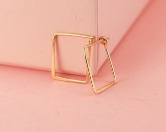 Small Rectangular Hoops In Solid 14k Yellow, Rose And White Gold, Squared Gold Filled Hoop Earrings, Hammered Huggie Earrings In Silver