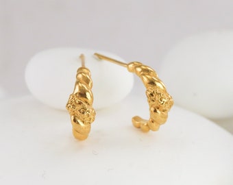 Hollyhock Croissant Huggies in Gold and Silver, Stud Earrings with Floral and Leafy Twist, 1/2&quot; Tiny Nature Inspired Hoops