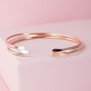 Set Of 3 Cuff Bangles Made From 14k Yellow Gold Fill, 14k Rose Gold Fill And Sterling Silver, Boho Stacking Bracelets Unique Gift For Her image 1