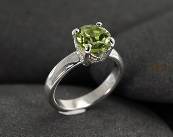 Peridot Gemstone Ring in Solid Sterling Silver, custom size with art deco setting and simple band